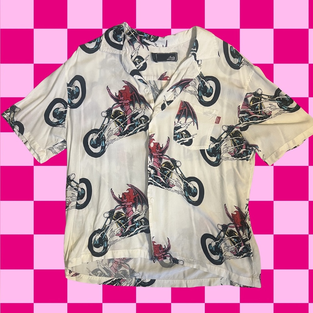 Lost White Short-Sleeve Button-Up Shirt with Red & Black Motorcycle Print
